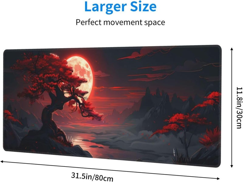 Brecoy Extended Gaming Mouse Pad, Large Desk Mat XL Anime Mouse Pad Waterproof with Stitched Edges, Non-Slip Desktop Pad for Home and Office, Level Up Your 31.5x11.8 Inch (Darkness Red Moon) - Image 2